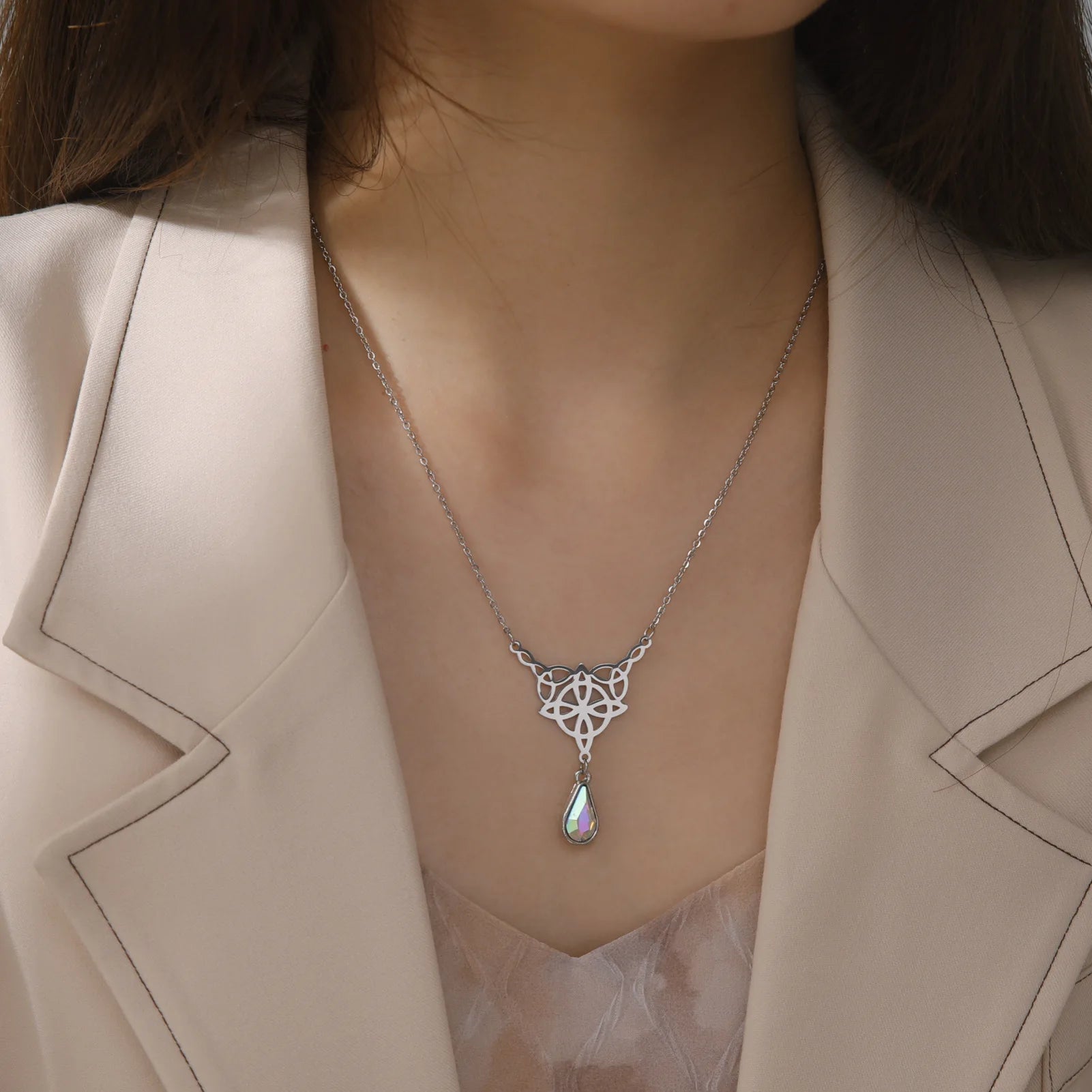 Celtic Knot Stainless Steel Drop Stone Pendant Necklace