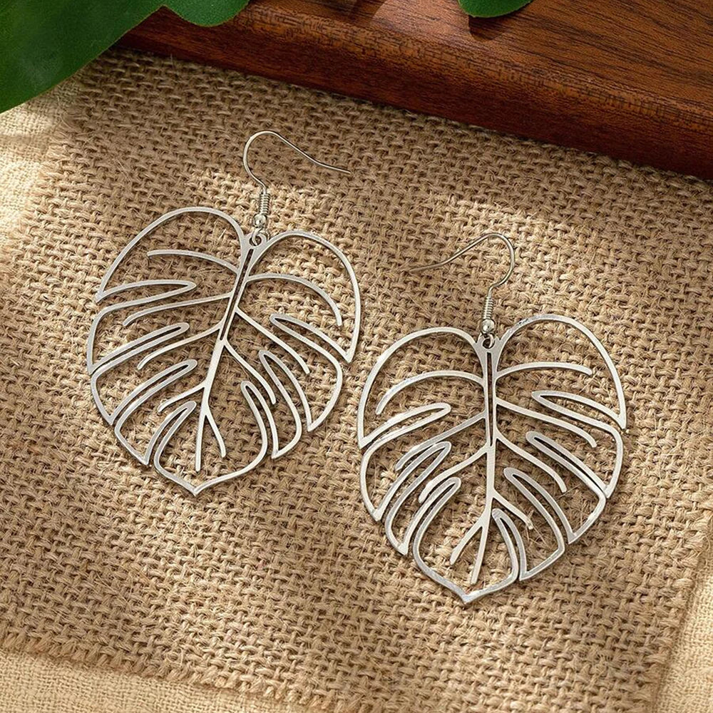 Stainless Steel Bohemian Hollow Exaggerated Leaf Dangle Drop Earrings