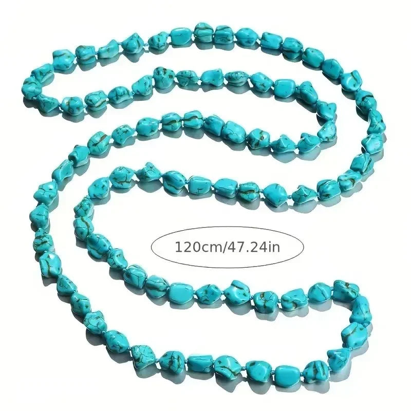 Boho Long Knotted Stone Turquoise Beads Necklace