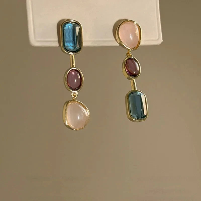 Asymmetric Colorful Resin Stones Alloy Drop Earrings