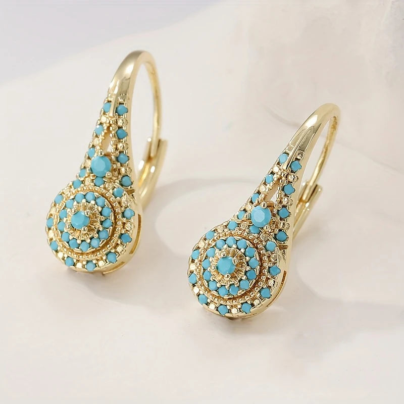 Bohemia Style Gorgeous Inlaid Blue Turquoise Golden Alloy Earrings