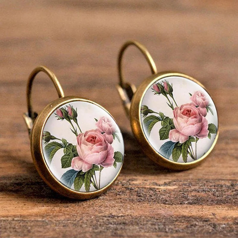 Retro Vintage Pink Rose Flower Round Glass Alloy Earrings - Several Options