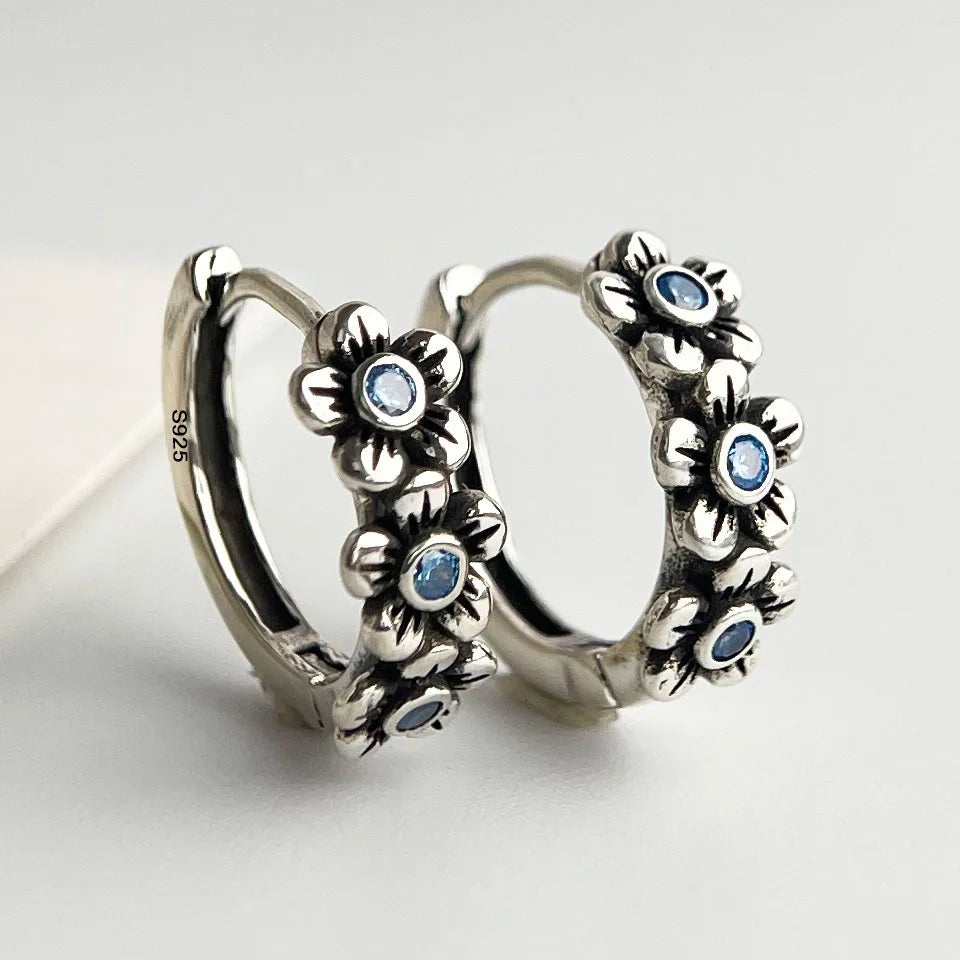 Blackened 925 Sterling Silver Blue CZ Flower Hoop Earrings