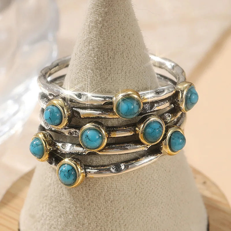 Two-Tone Boho Style Synthetic Turquoise Silver & Gold-Plated Copper Multilayer Ring