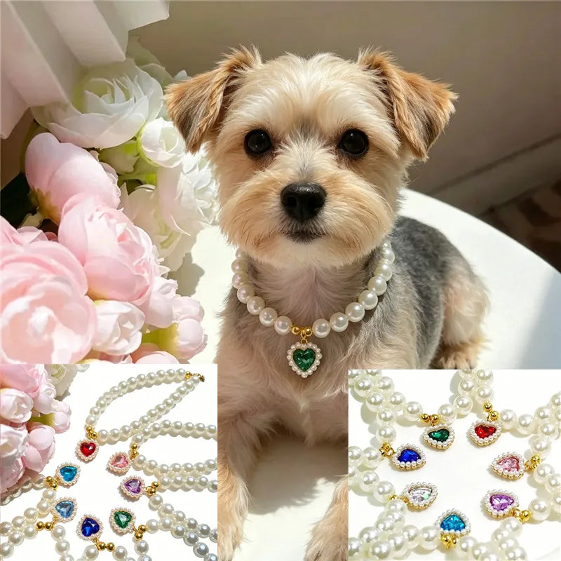 Faux Pearl Dog Necklace & Heart Rhinestone Pearl Pendant