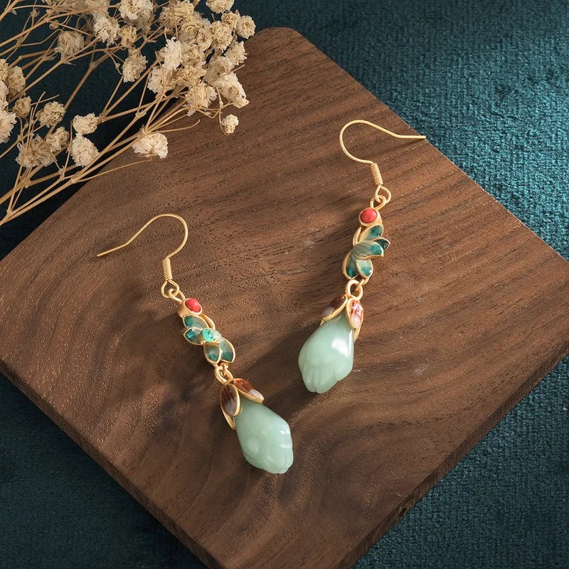 925 Sterling Silver Lotus Flower Jade Stone Drop Earrings