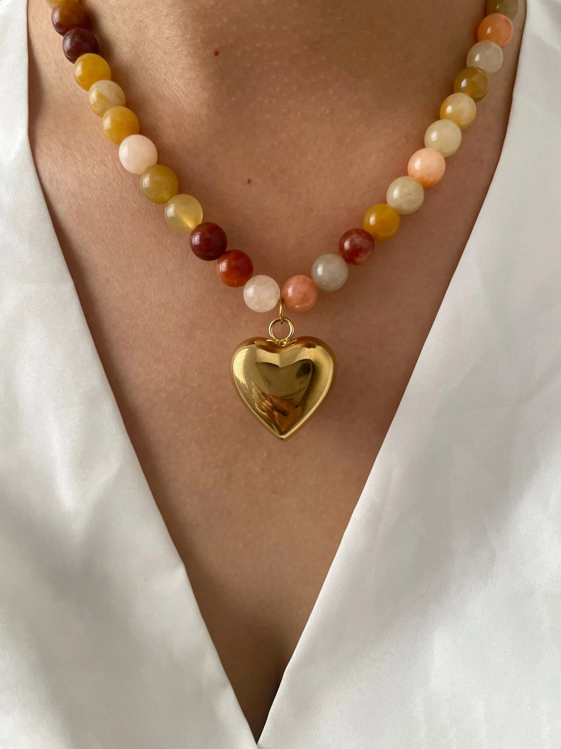 18K Gold Plated Steel Necklace - Boho Brown/Orange Natural Stone Handmade Beaded