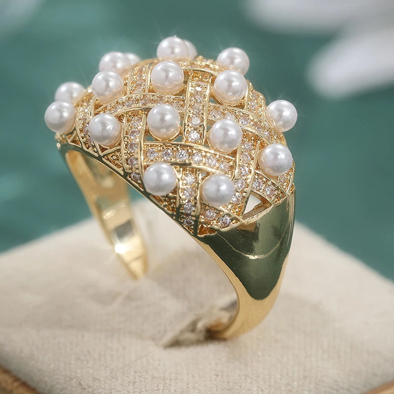 Cubic Zirconia Luxury Faux Pearl Gold Plated Copper Cocktail Ring