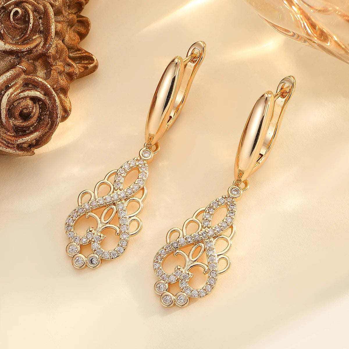 CZ Flower Cooper Feminine Bridal Heart Dangle Earrings