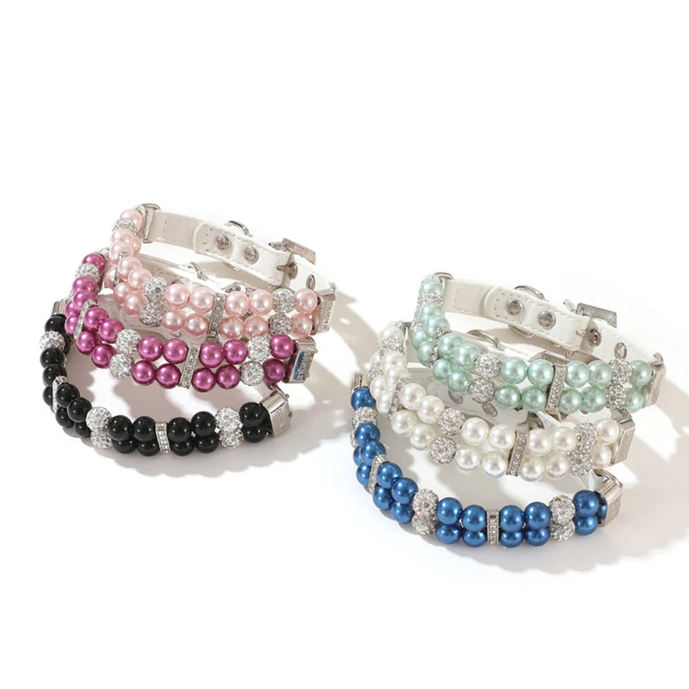 Faux Pearl Pet PU Leather Collar Necklace with Rhinestones