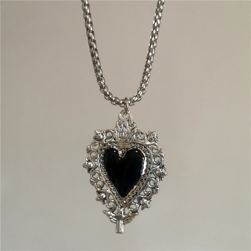 Stainless Steel Gothic Y2K Black Thorn Cross Heart Pendant Choker Necklace Selection