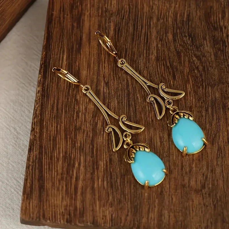 Vintage Inspired Turquoise Golden Water Drop Resin Alloy Earrings