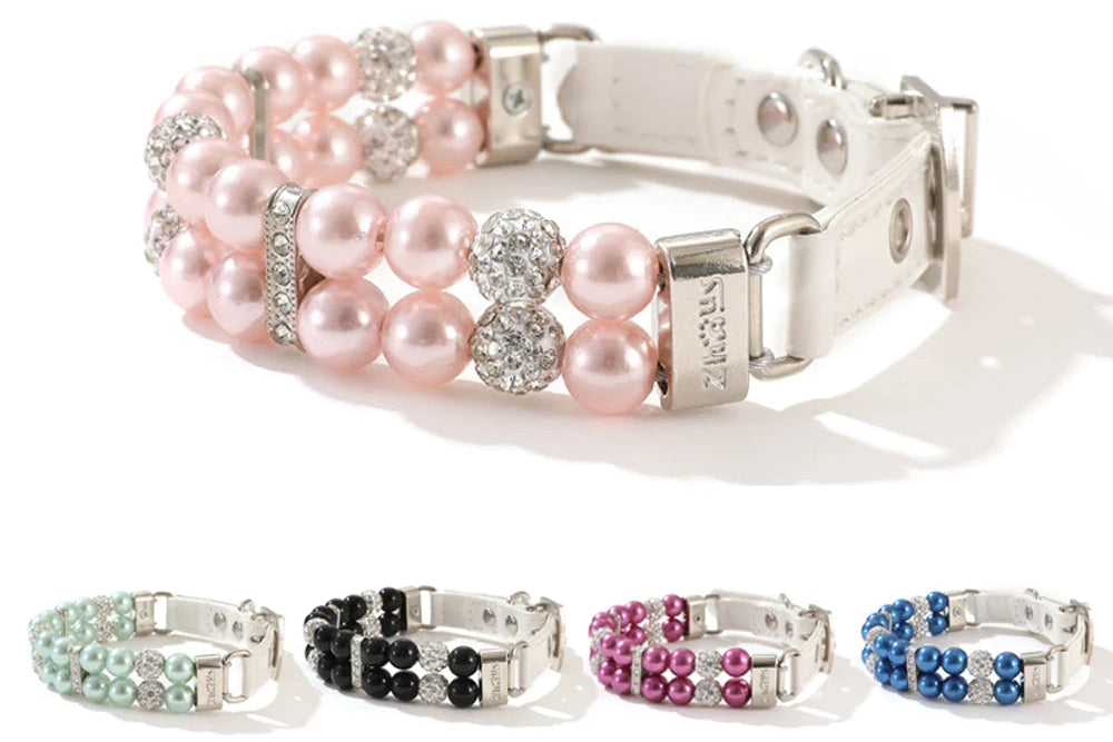 Faux Pearl Pet PU Leather Collar Necklace with Rhinestones