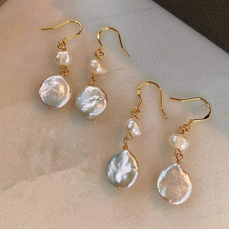 Baroque Button Natural Freshwater Pearl 14K Gold Filled Drop Earrings