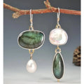 Asymmetric Faux Pearl Oval Green Stone Zinc Alloy Earrings