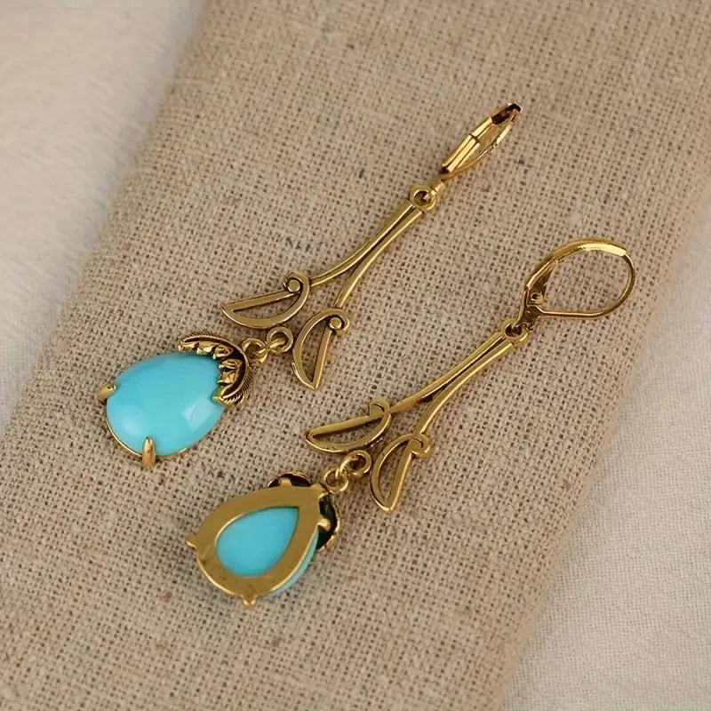 Vintage Inspired Turquoise Golden Water Drop Resin Alloy Earrings