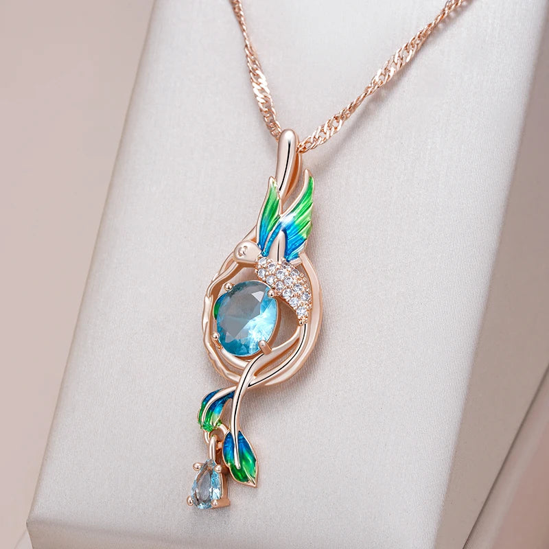 14K Rose Gold Plated Copper Peacock Pendant Necklace with Blue Natural Zircon