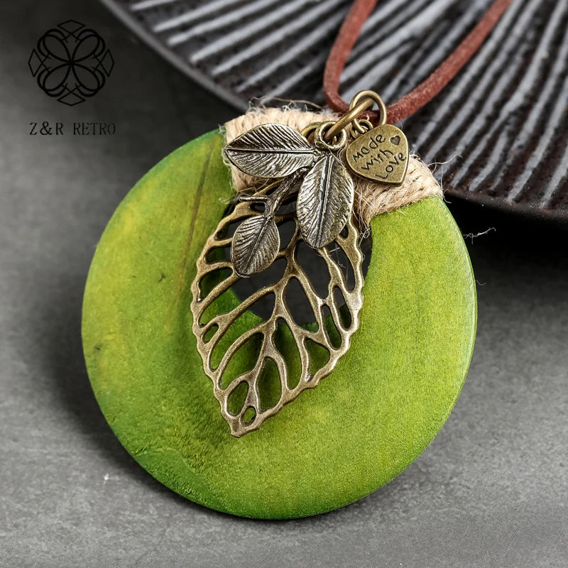 Round Wood Pendant Zink Alloy Leaf Rope Chain