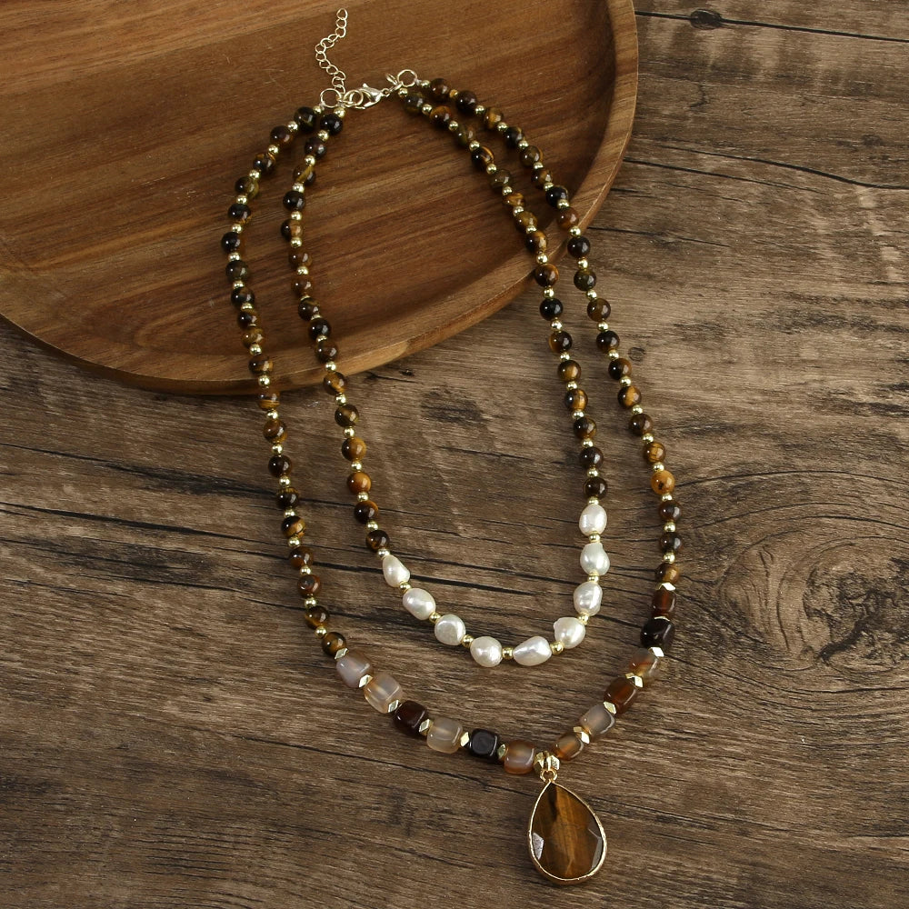 Bohemian 2-Layer Tiger Eye Indian Agate Stone Freshwater Pearl Drop Pendant Necklace