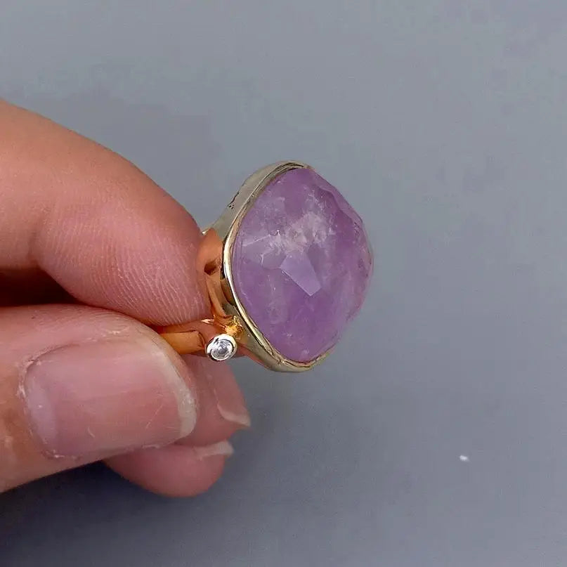 18K Gold Plated Copper Ring with Natural Purple Amethyst Stone, Adjustable