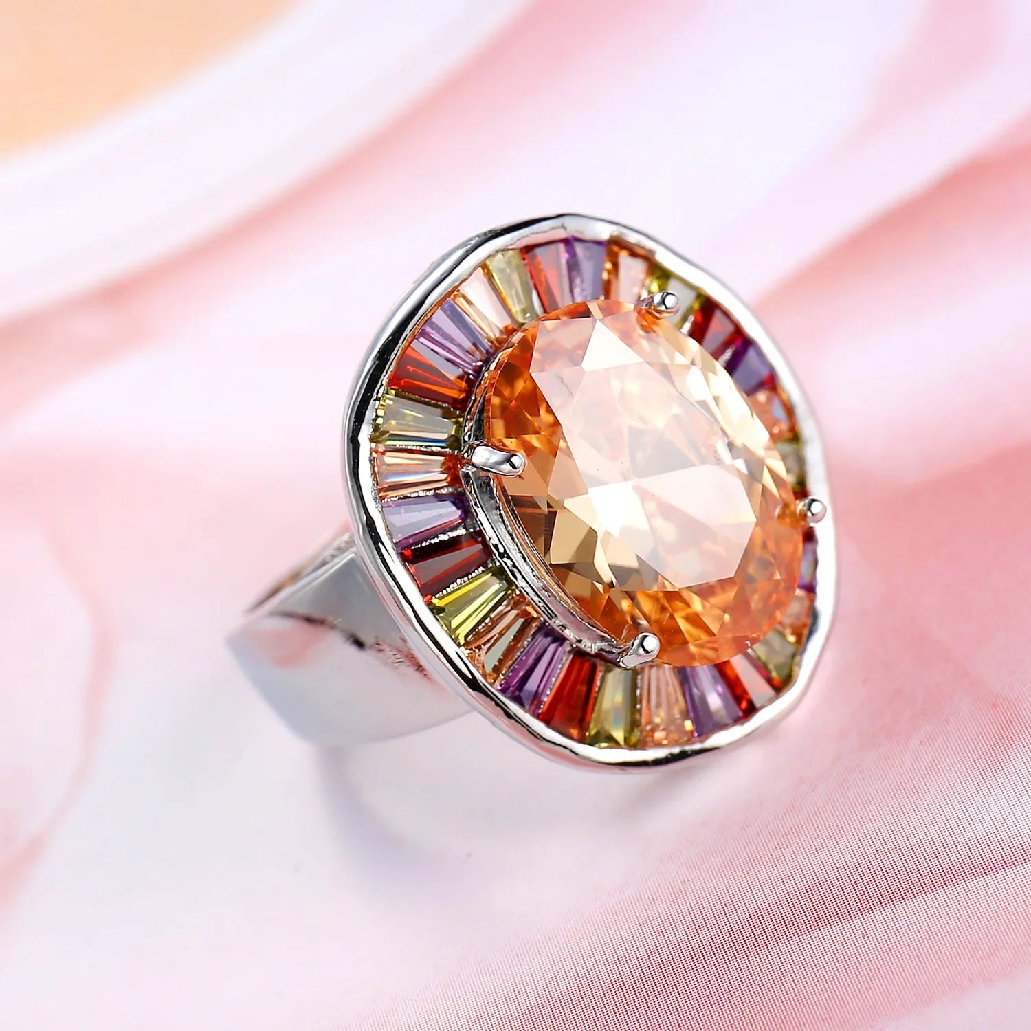 925 Sterling Silver Plated Copper Ring with Multicolored Stones - Bold, Attention, Cocktail Ring
