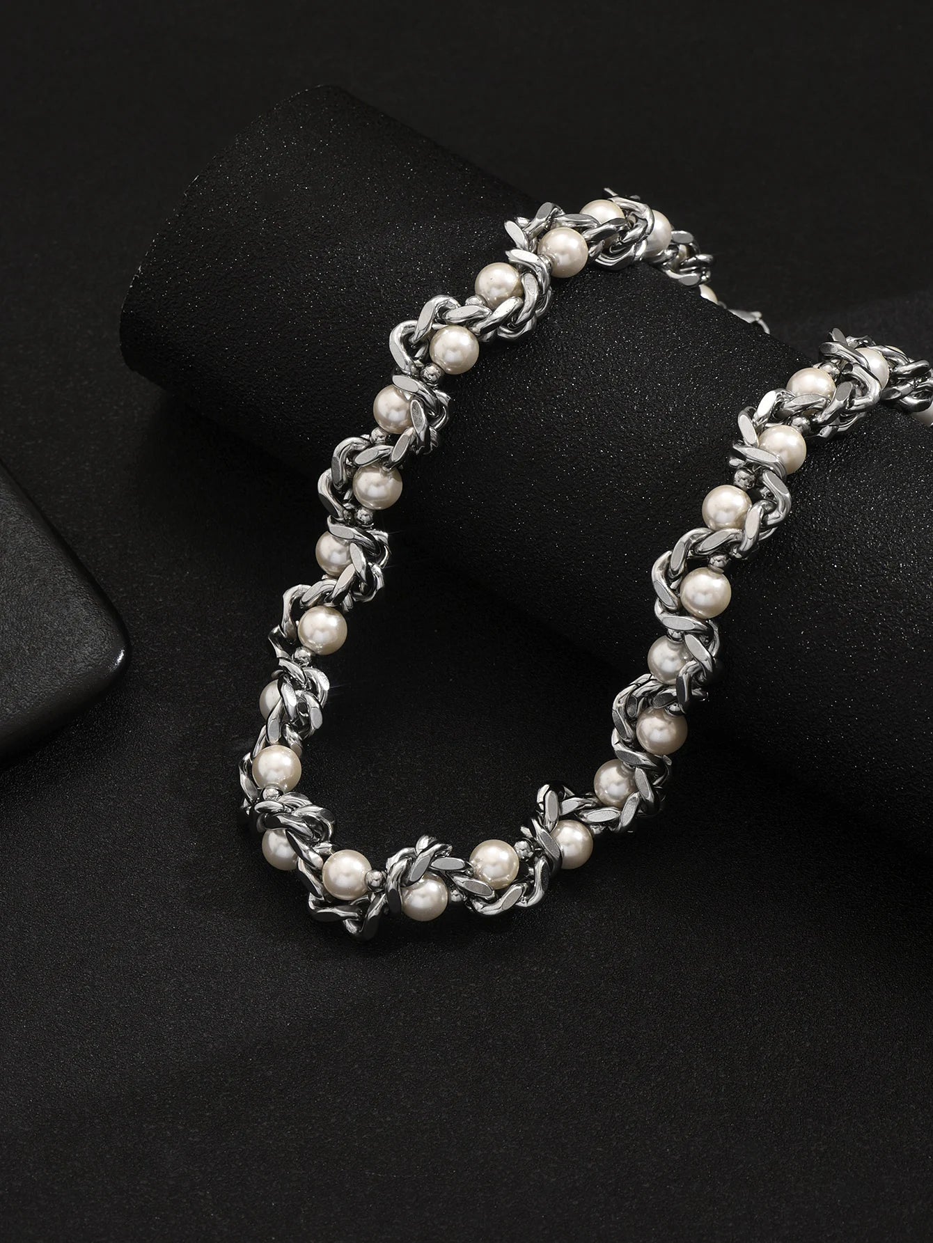 Punk Stainless Steel Thick Chain Pearl Choker Necklace Unisex