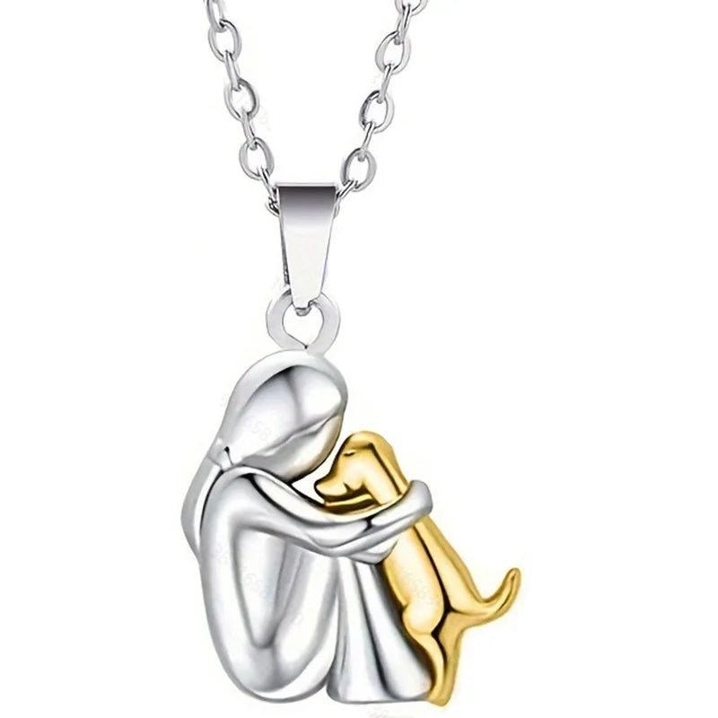 Two Tone Girl & Dog Hug Jewelry Set: Necklace & Earrings, Zinc Alloy