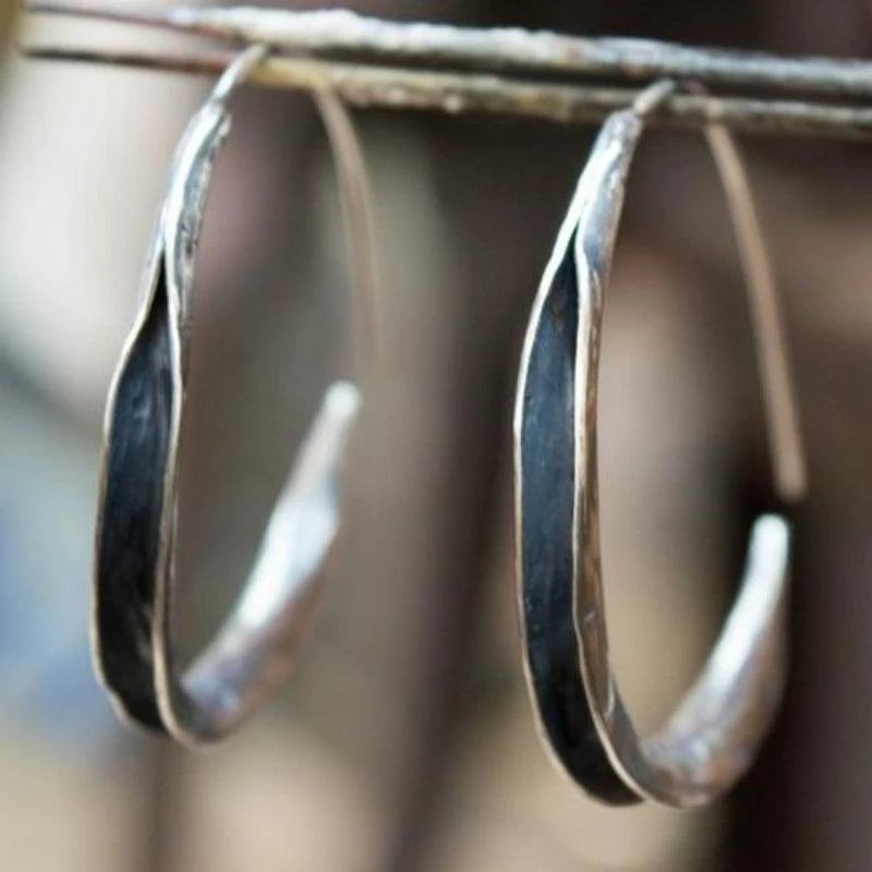 Antique Inspired Silvery Black Circle Hoop Alloy Earrings