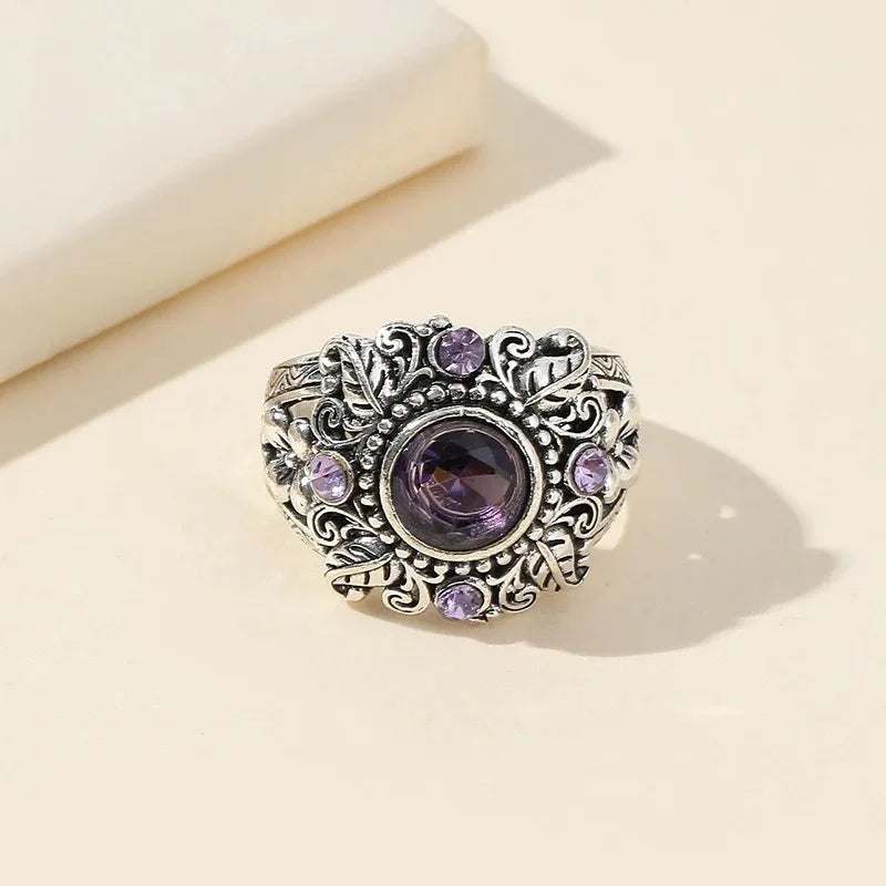 Purple CZ Stone Thai Silver Plated Zinc Alloy Leaf Flower Ring