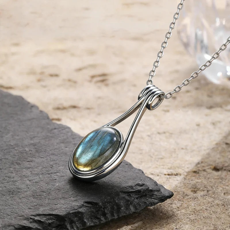 Platinum Plated Sterling Silver Pendant Natural Labradorite