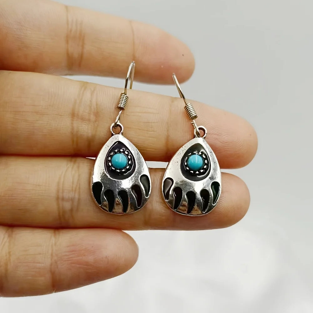 Bohemian Creative Turquoise Water Drop Pear Shaped Bear Claw Alloy Earrings