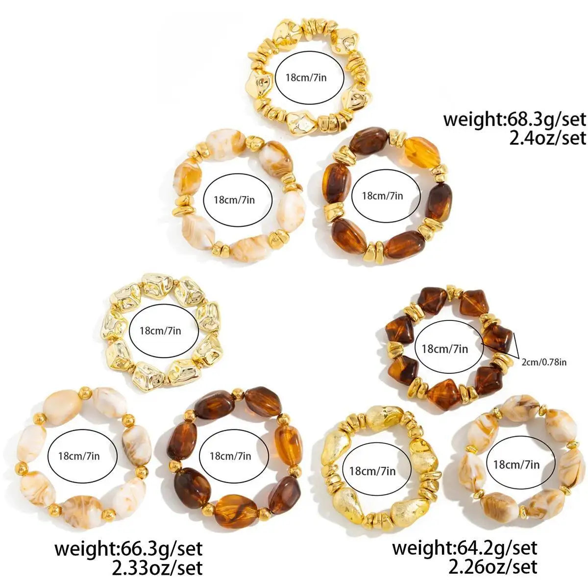 3 Pcs Set Acrylic Resin Copper Coated Bead Bracelets - Y2K Bohemian Uneven Various Forms