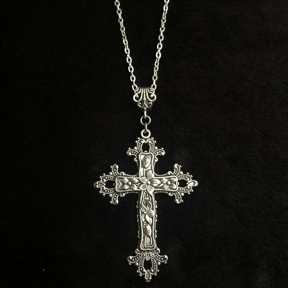 Large Gothic Victorian Flower Detailed Cross Zinc Alloy Necklace 19cm
