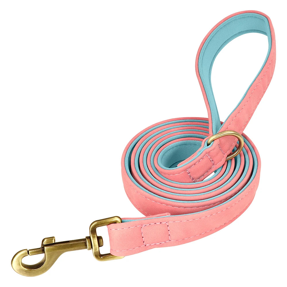 Quality Faux Leather Dog Collar Leash Set - Customize, Engrave, Name Tag