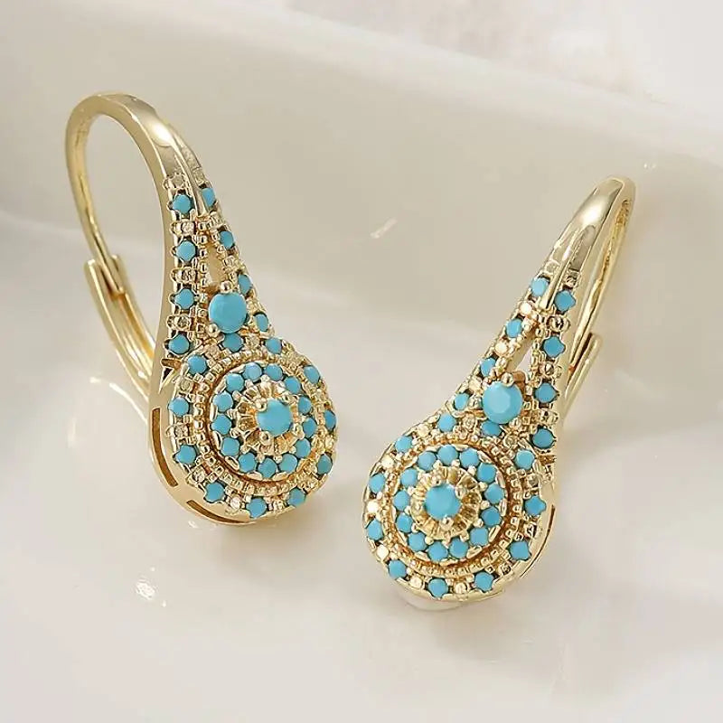 Bohemia Style Gorgeous Inlaid Blue Turquoise Golden Alloy Earrings