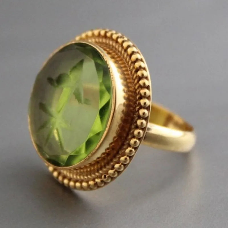 Vintage Inspired Green Large Stone Ring in Round Alloy Setting
