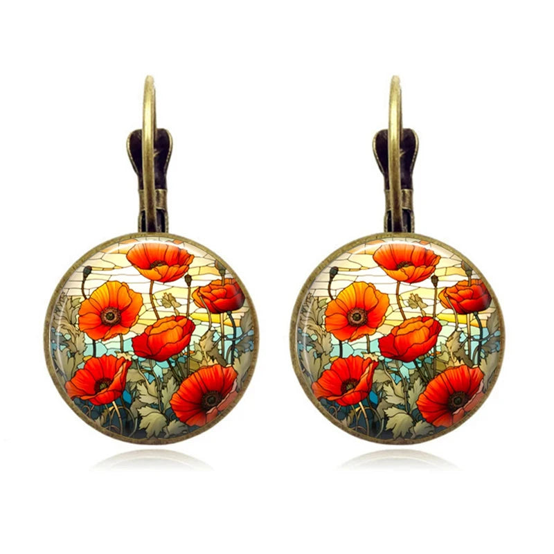 Retro Vintage Pink Rose Flower Round Glass Alloy Earrings - Several Options