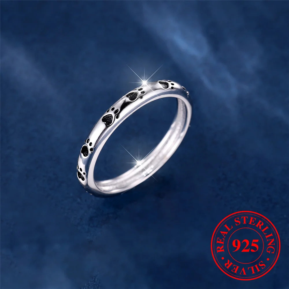 925 Sterling Silver Dog Paw Footprint Band Ring with Black Cubic Zirconia Hearts