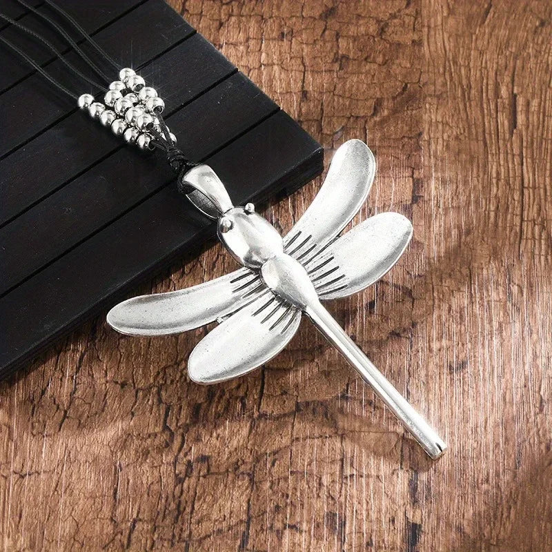 Bold Oversized Boho Beaded Dragonfly Alloy Pendant Rope Necklace