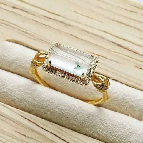 Antique Inspired Natural Ice Chalcedony Stone CZ Ring - Gold Plated, Adjustable, Unique