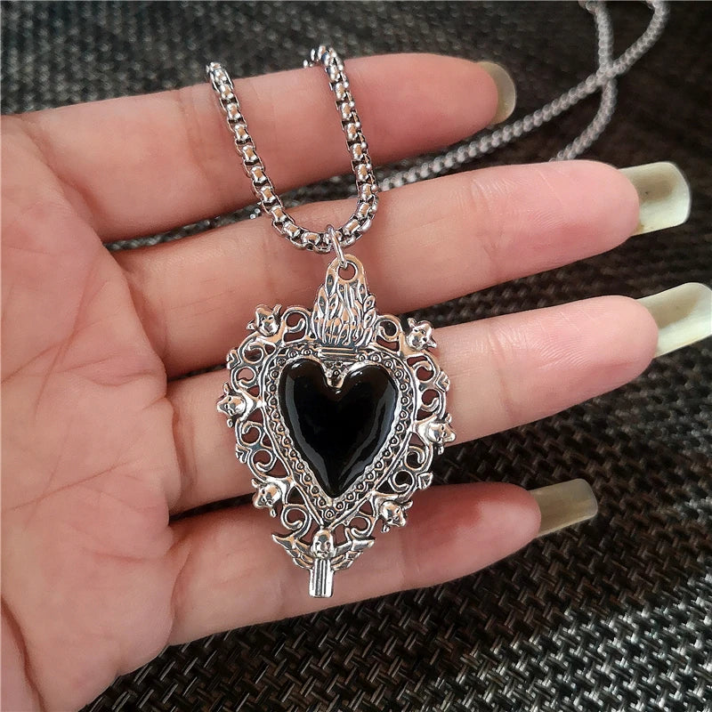 Stainless Steel Gothic Y2K Black Thorn Cross Heart Pendant Choker Necklace Selection