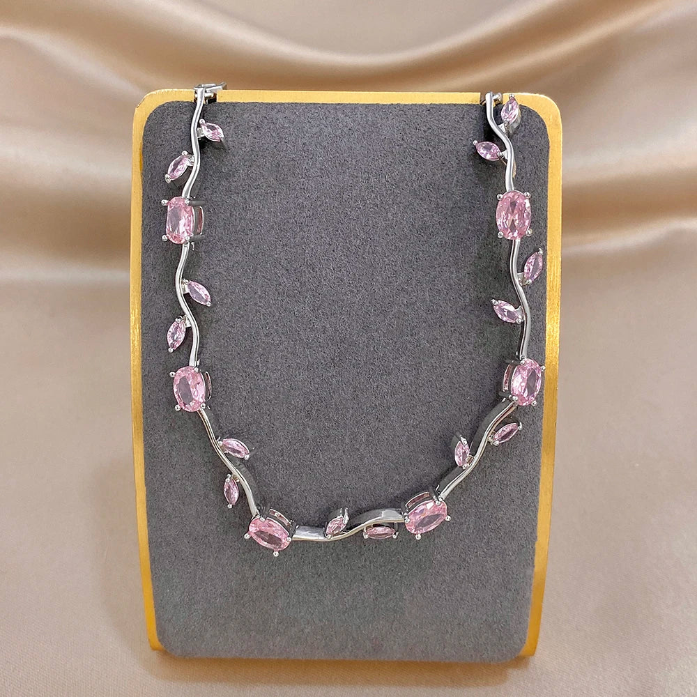 Pink/Purple Zircon Flower Leaf Silver Chain Bracelet in Copper - Elegant, Feminine