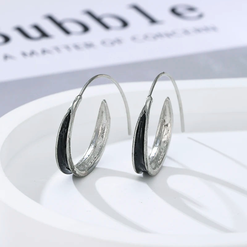 Antique Inspired Silvery Black Circle Hoop Alloy Earrings
