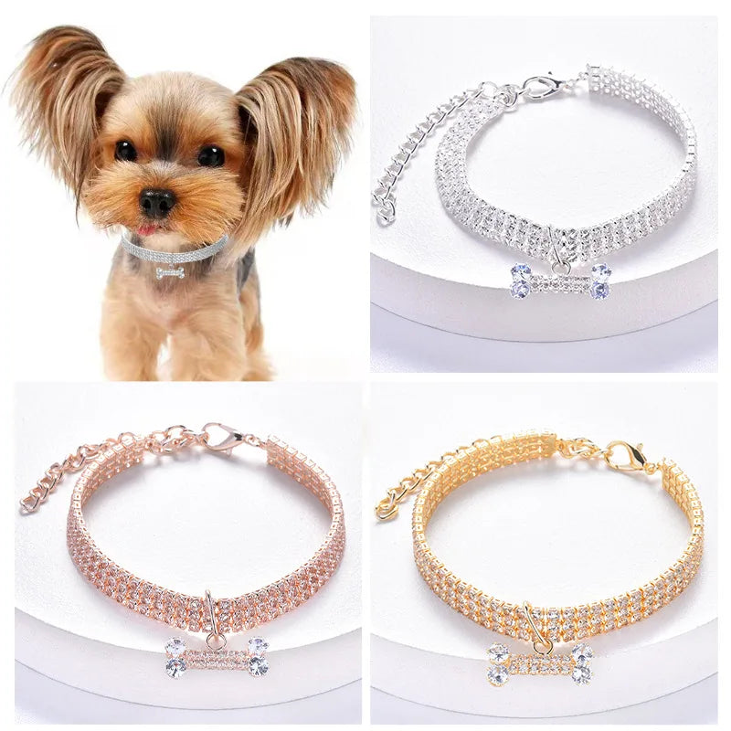 Adjustable Pet Necklace with Rhinestones & Bone Copper Pendant