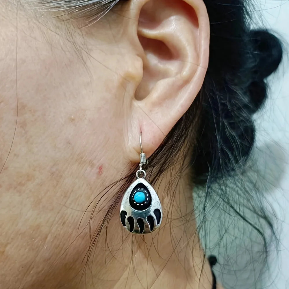 Bohemian Creative Turquoise Water Drop Pear Shaped Bear Claw Alloy Earrings