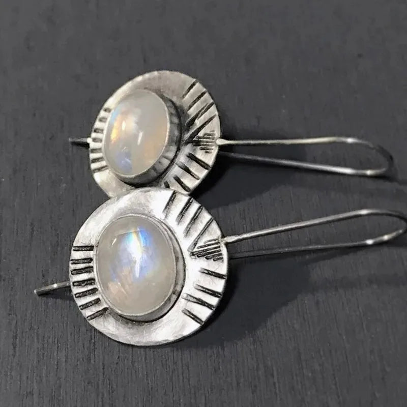 Ancient Style Round White Moonstone Zinc Alloy Large Earrings - Bold, Boho, Unique