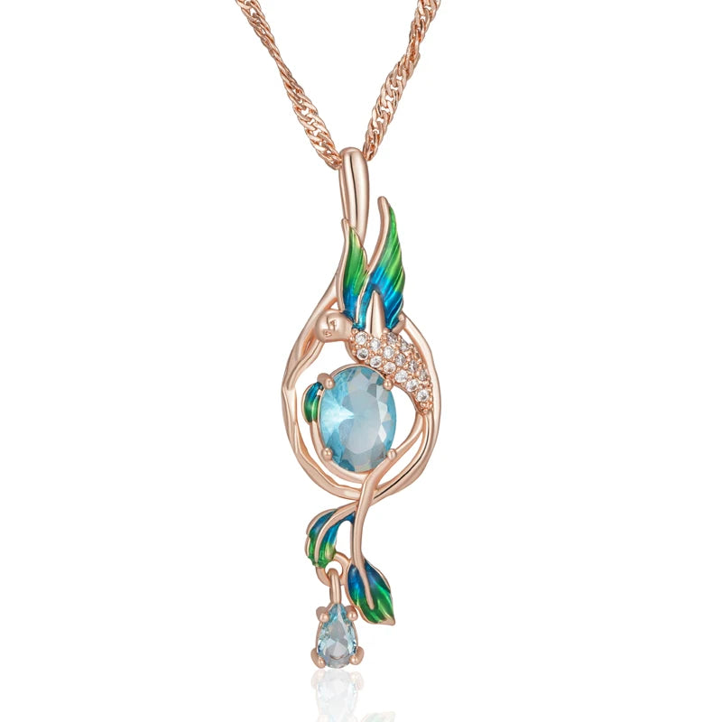 14K Rose Gold Plated Copper Peacock Pendant Necklace with Blue Natural Zircon