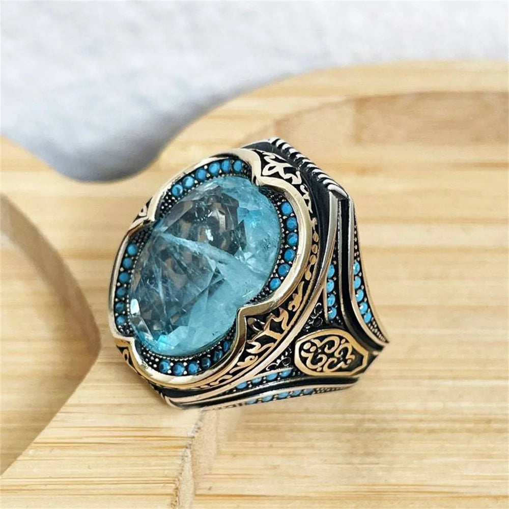 Turkish Large Blue Zircon Stone Zinc Alloy Two Tone Pattern Ring