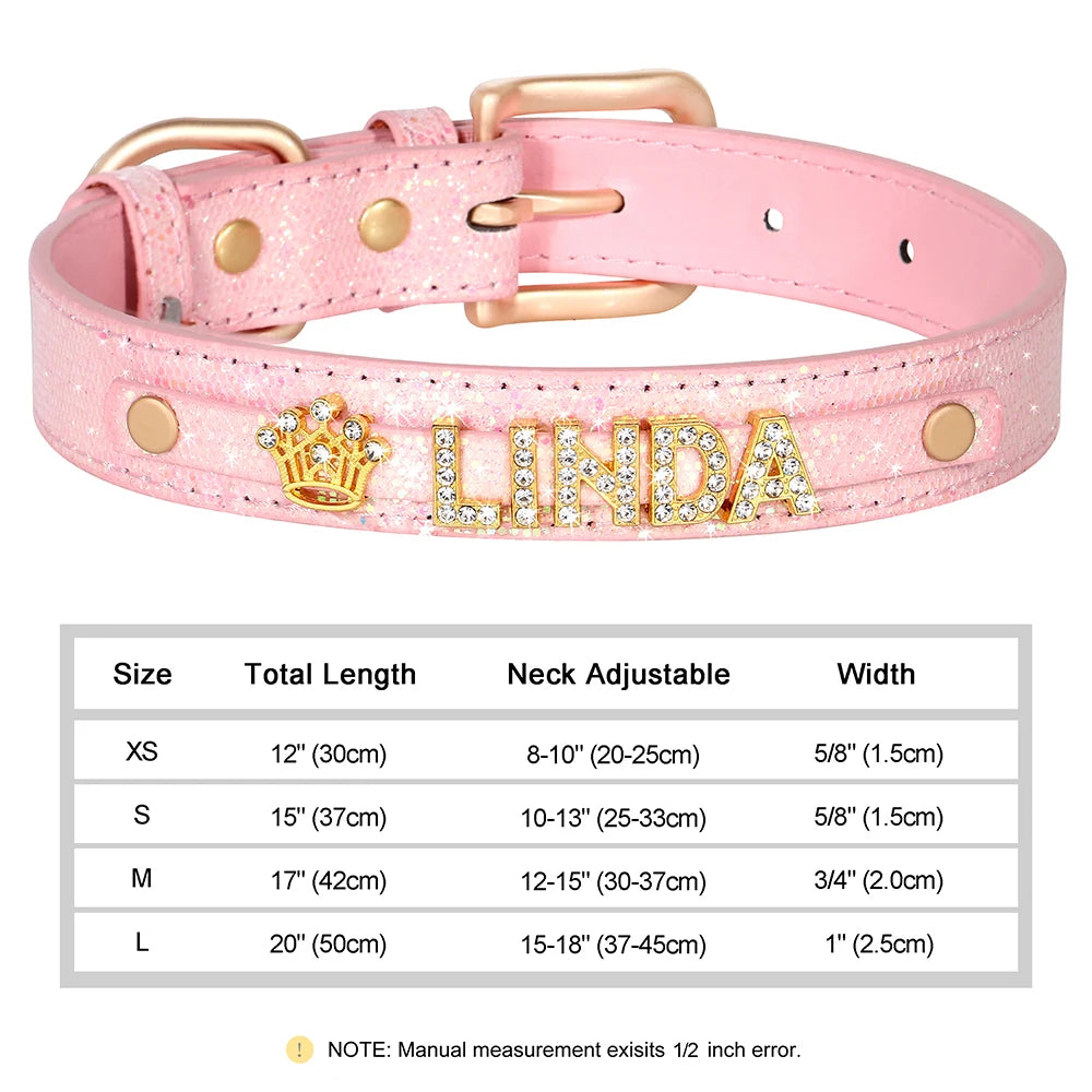 Faux Leather Dog Collar with Rhinestones - Customize, Engrave, Name Tag