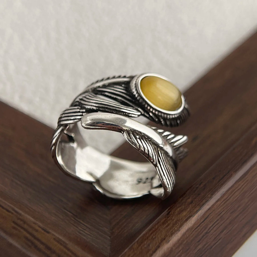 925 Sterling Silver Citrine Feather Adjustable Ring
